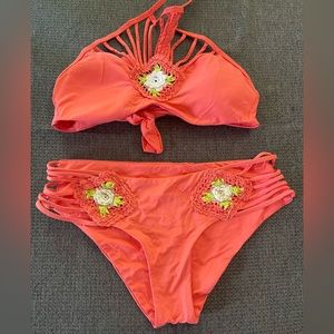 Isabella Rose Pink Crochet Bikini Swimsuit Size Medium